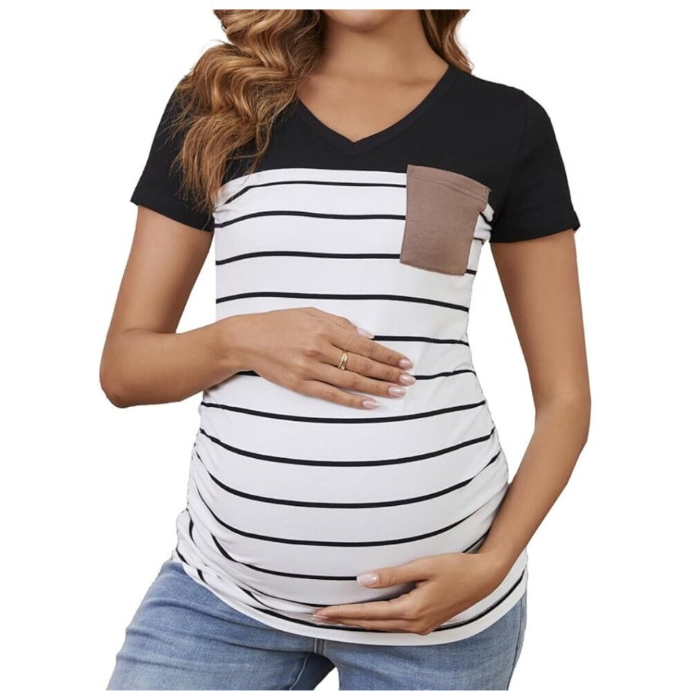 Maternity Short Sleeve V-Neck Stripe Pocket Tee - Black and White